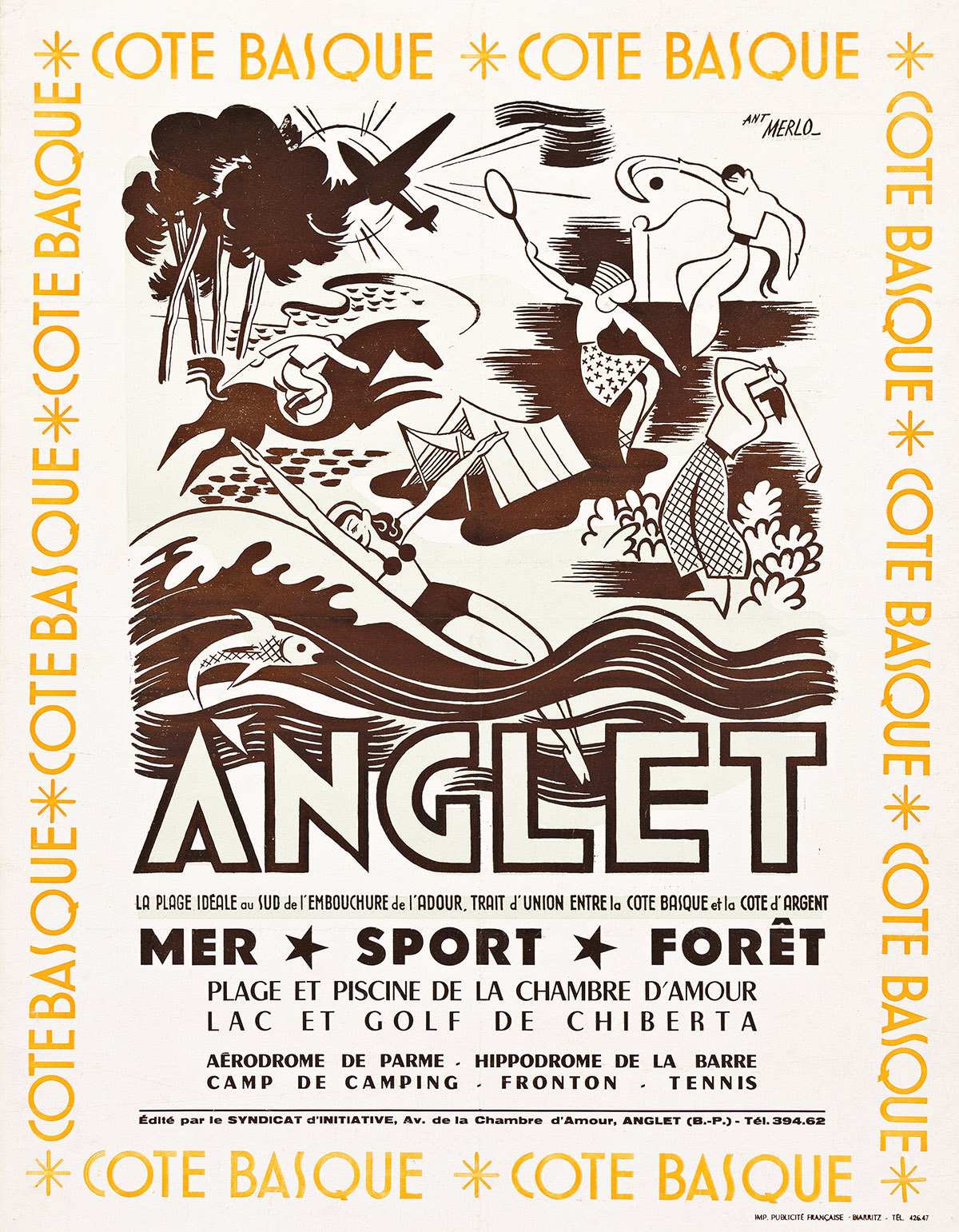 ANT. MERLO (DESIGNER UNKNOWN). ANGLET / COTE BASQUE. Circa 1946. 26x20 inches, 66x50¾ cm. Publicité Francaise, Biarritz.